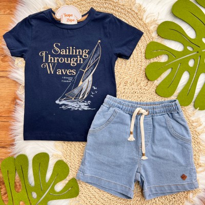 Conj. Camiseta Sailing Through Waves e Bermuda - Marinho e Azul Claro